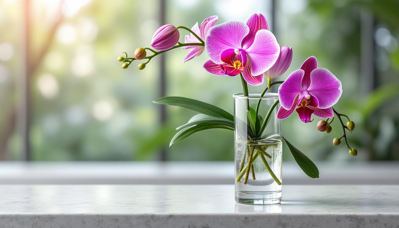 découvrez notre élégante orchidée dans un tube en verre, une décoration raffinée et moderne idéale pour sublimer votre intérieur ou offrir un cadeau unique.